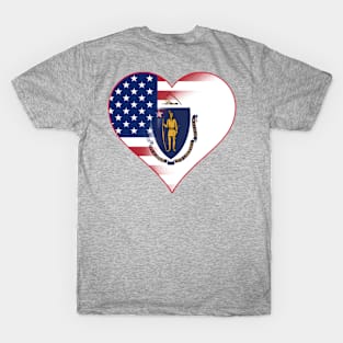 State of Massachusetts Flag and American Flag Fusion Design T-Shirt